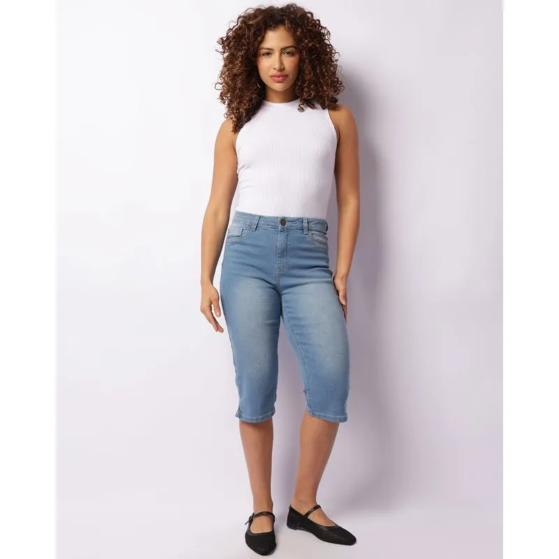 Calça Jeans Feminina Capri Barra Com Fenda Azul 40