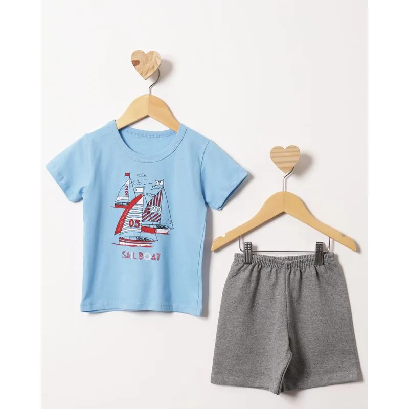 Conjunto Bebê Curto Estampa De Barcos Azul 1