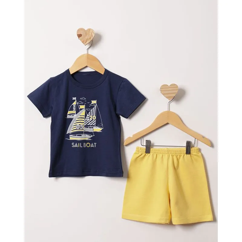 Conjunto Bebê Curto Estampa Frontal Barco Marinho 2