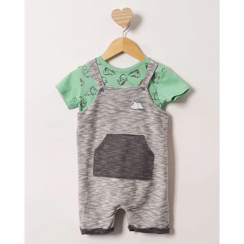 Conjunto Jardineira Bebê Curto Estampa Dinossauro Bolso Canguru Cinza 1