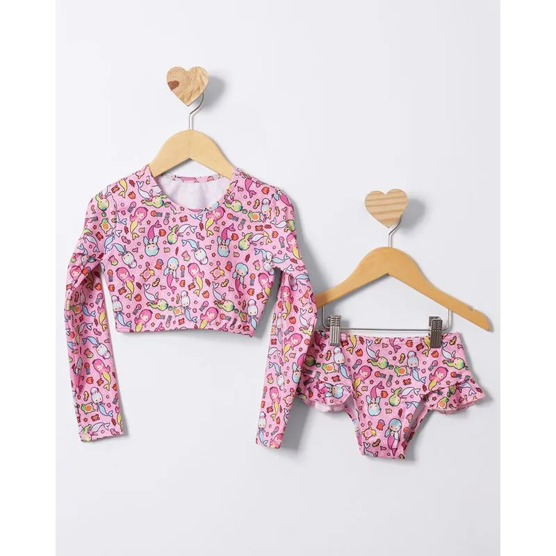 Conjunto Biquíni Infantil Manga Longa Estampado E Babado Rosa 4
