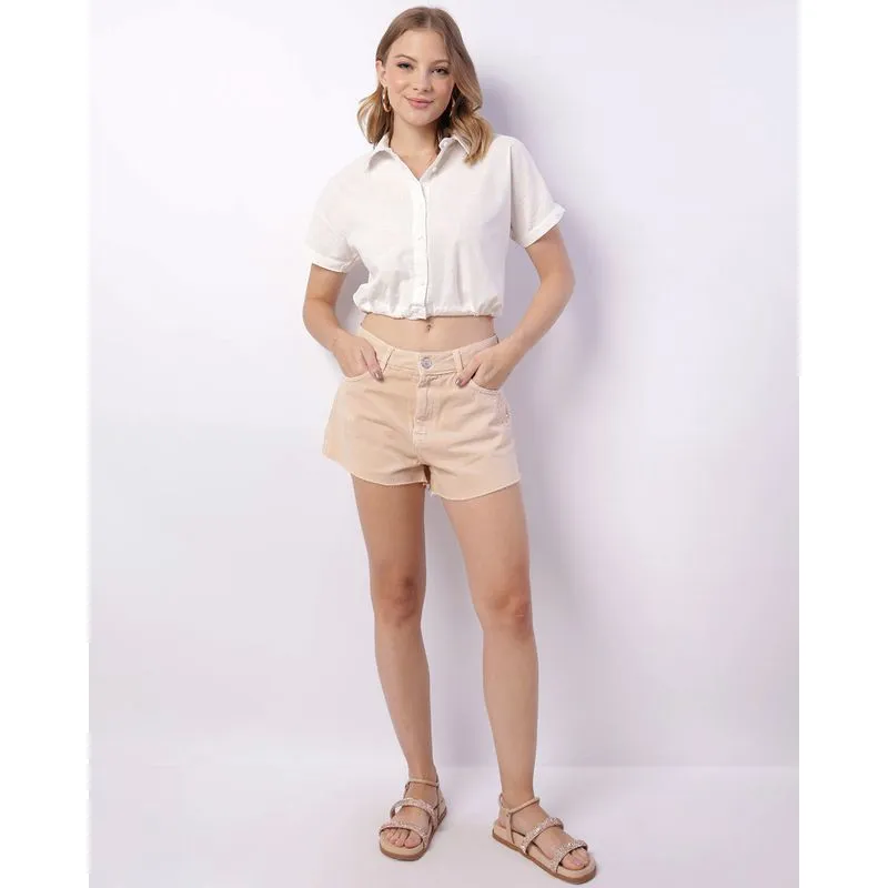 Short Jeans Feminino Aplicação Strass Lateral Bege 38
