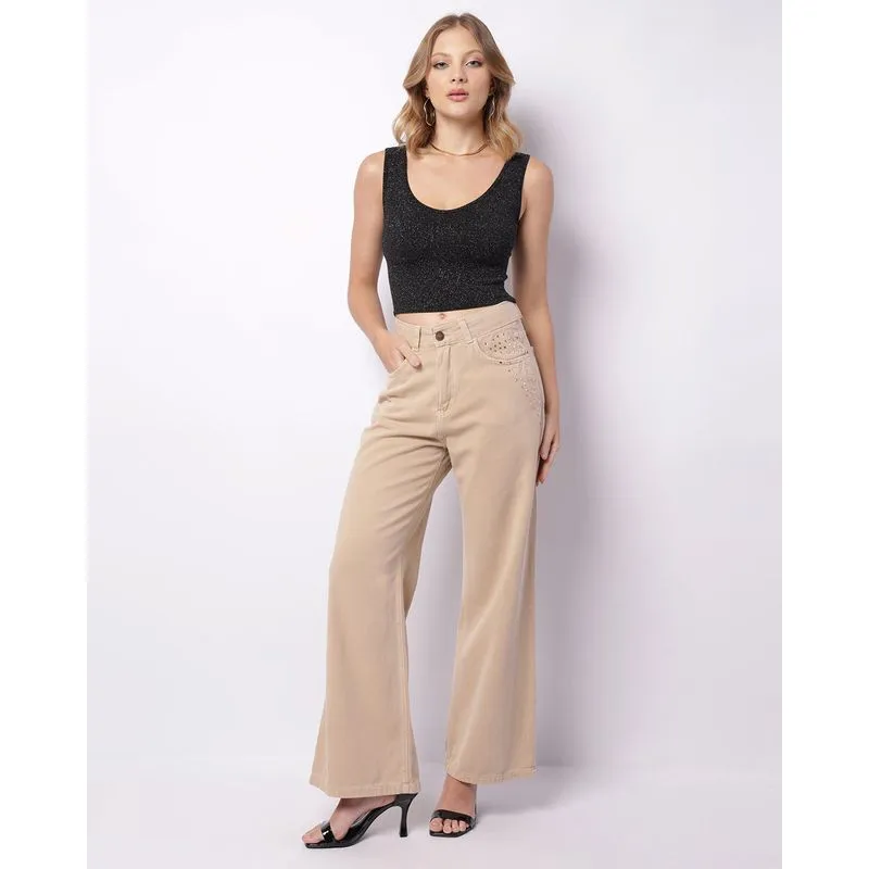 Calça Sarja Feminina Wide Leg Aplicação Strass Bege 38