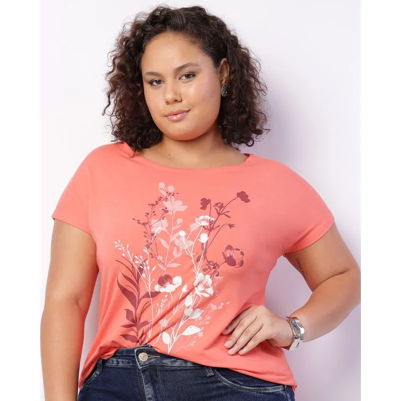 Blusa Plus Size Feminina Manga Curta Estampa Floral Laranja G3