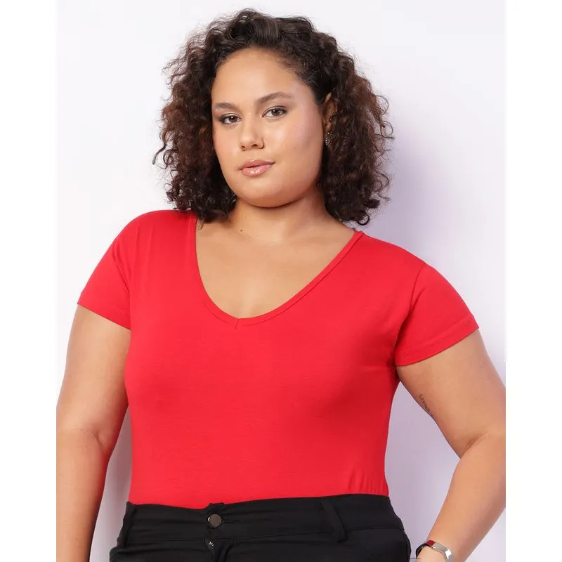 Blusa Plus Size Feminina Decote V Manga Curta Vermelha G3
