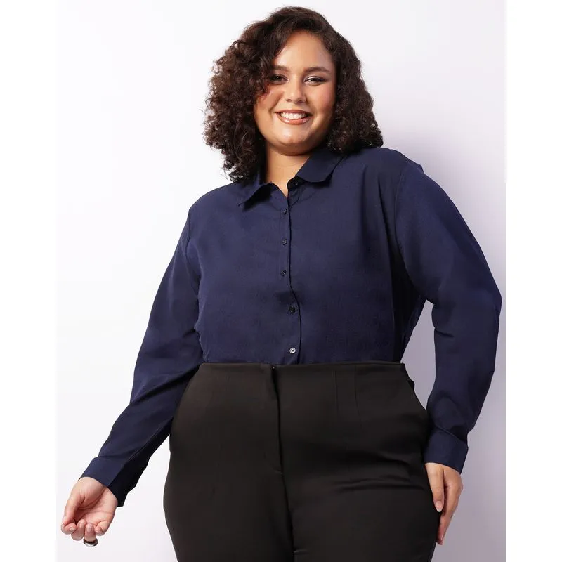 Camisa Plus Size Feminina Berry & Co. Manga Longa Marinho G1