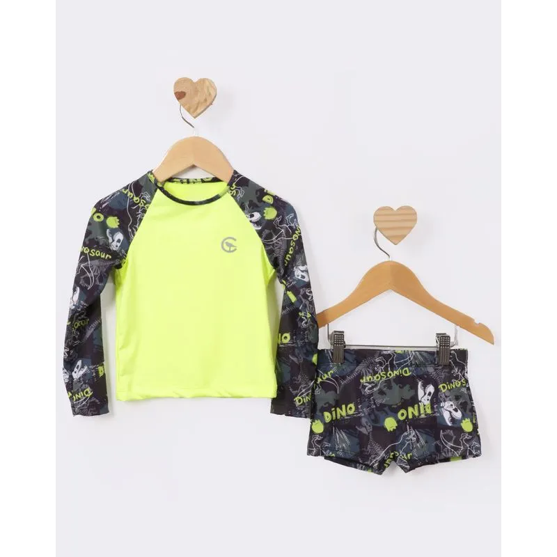 Conjunto Bebê + Sunga Estampa Dinossauro Proteção UV50+ Neon Verde 3