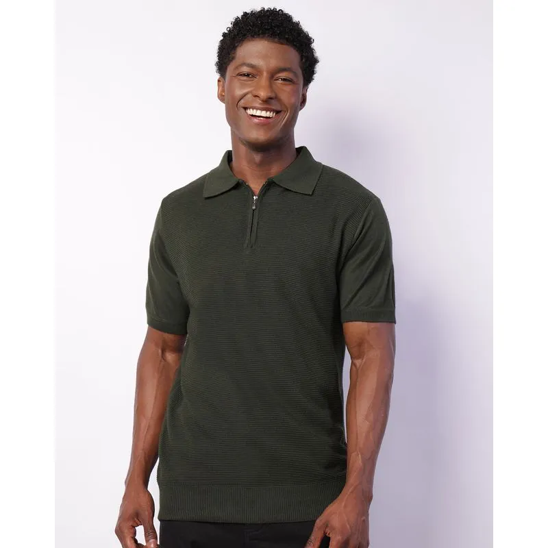 Camisa Polo Masculina Manga Curta Tricô Zíper Verde M