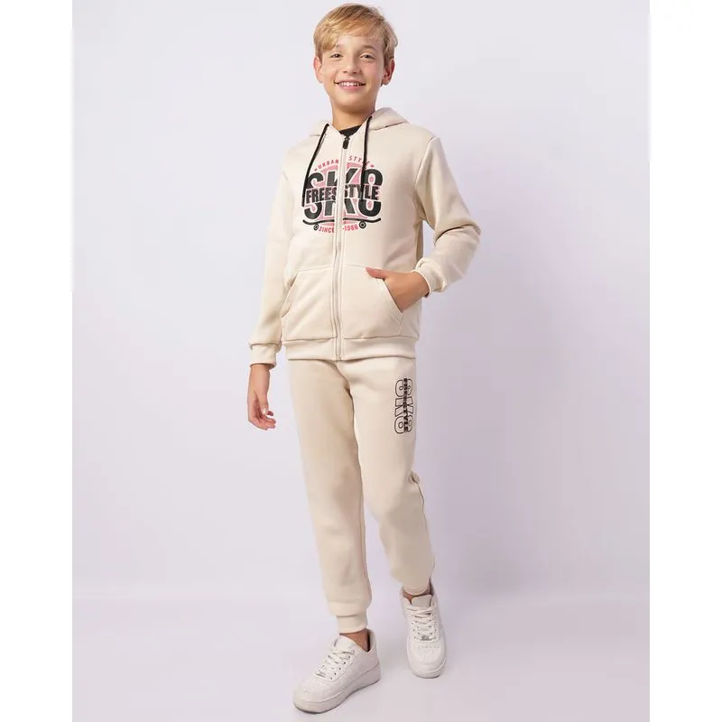 Conjunto Moletom Juvenil Peluciado Longo Com Capuz Bolso Bege 16