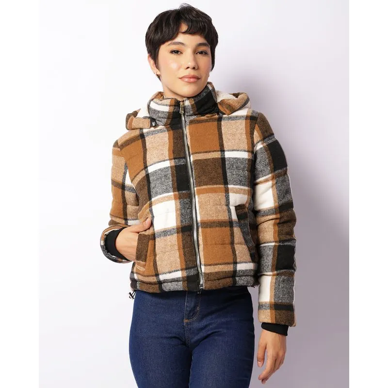 Jaqueta Feminina Puffer Xadrez Com Capuz Marrom P