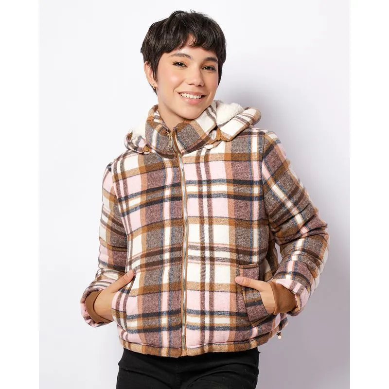 Jaqueta Feminina Puffer Xadrez Com Capuz Rosa GG
