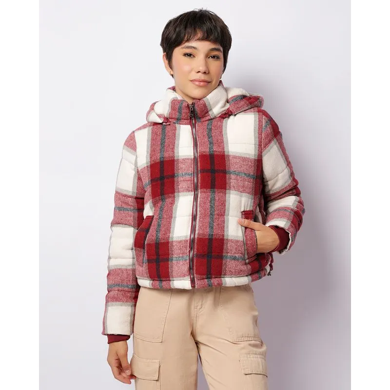Jaqueta Feminina Puffer Xadrez Com Capuz Vermelho P