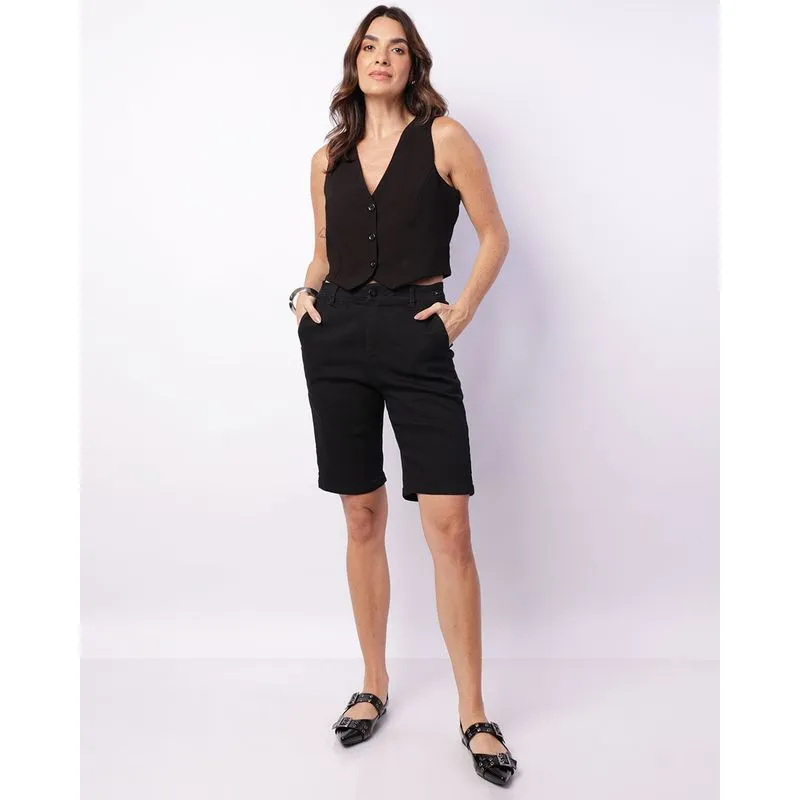 Bermuda Jeans Feminina Reta com Bolsos Preta 38