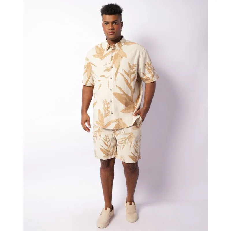 Bermuda Plus Size Masculina Viscolinho Estampada Floral Bege G2