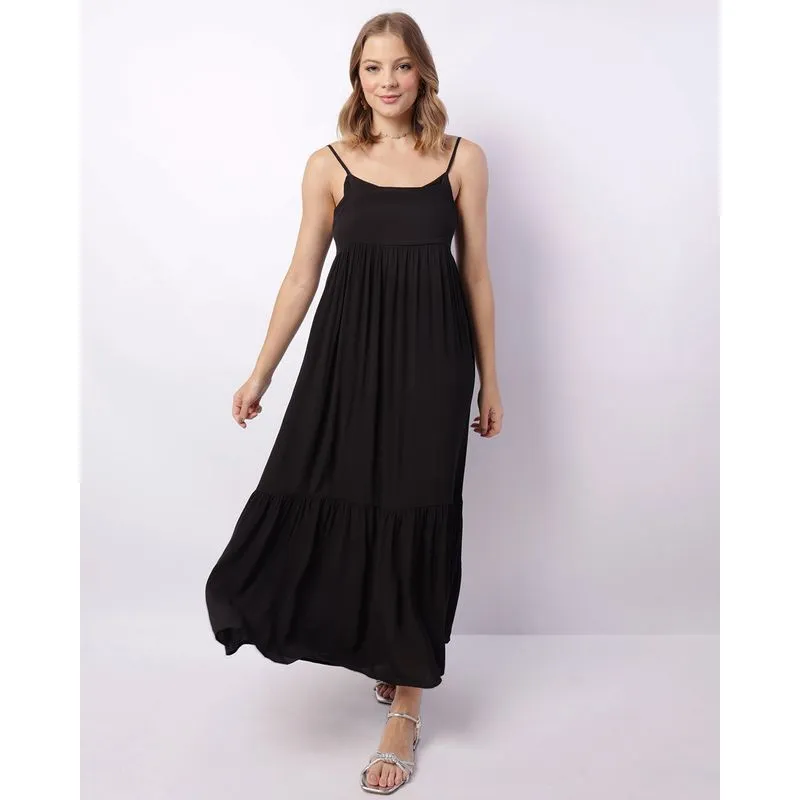 Vestido Feminino Longo Viscose Alcinha Com Botões Preto M
