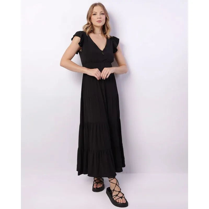 Vestido Feminino Longo Viscose Manga Babado Com Botões Preto P