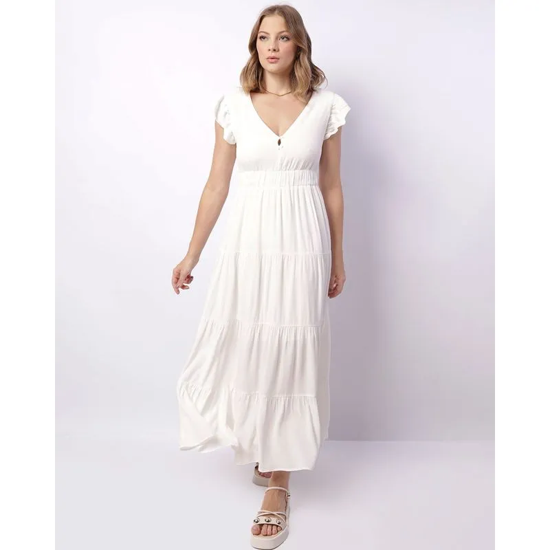 Vestido Feminino Longo Viscose Manga Babado Com Botões Off White G