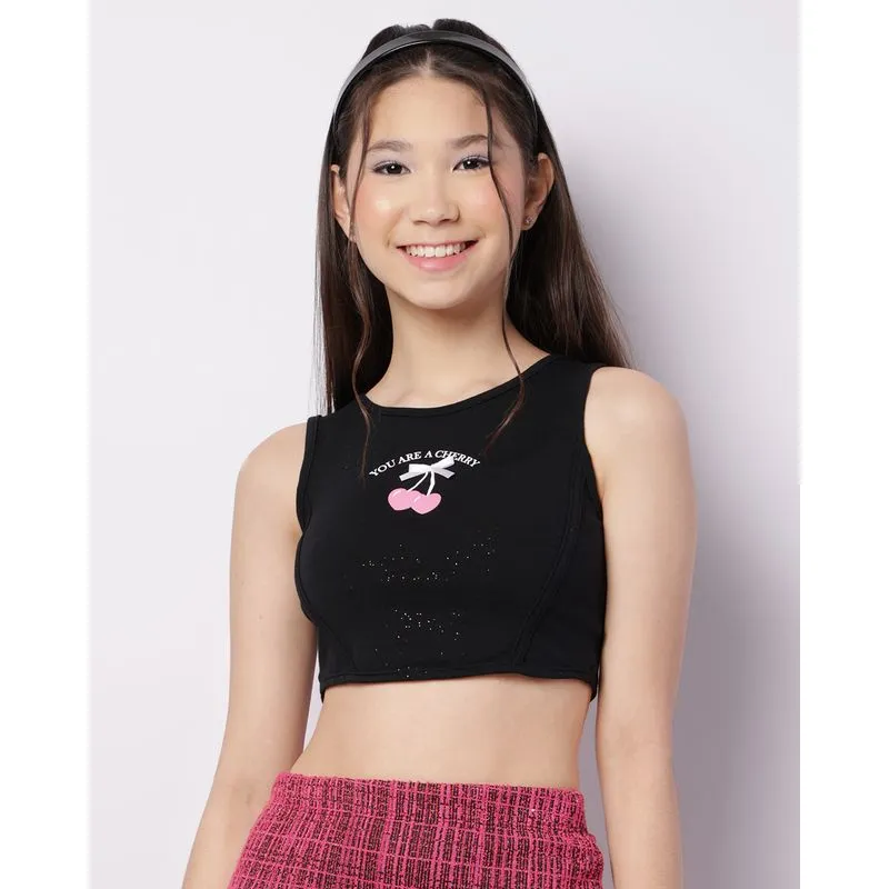 Regata Juvenil Cropped Com Glitter E Recorte Preta 16