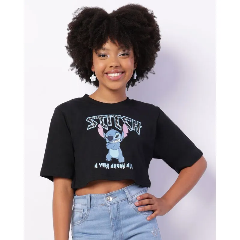 Cropped Juvenil Disney Stitch Com Strass Manga Curta Preto 14