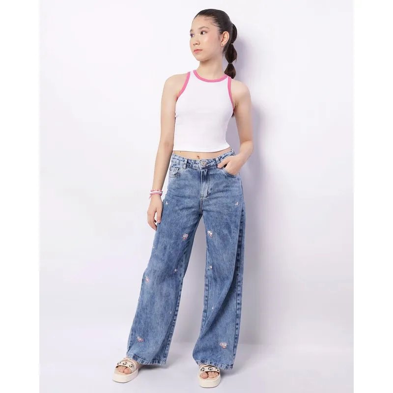 Calça Jeans Juvenil Wide Leg Com Bordado Marmorizado Azul 12