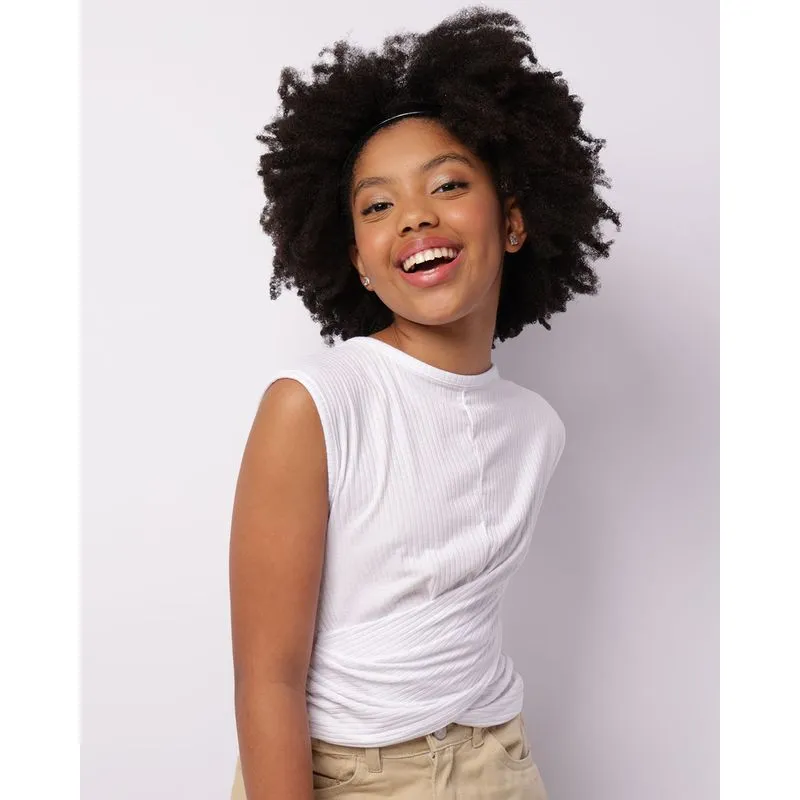 Blusa Juvenil Cropped Canelada Com Recorte Branca 16