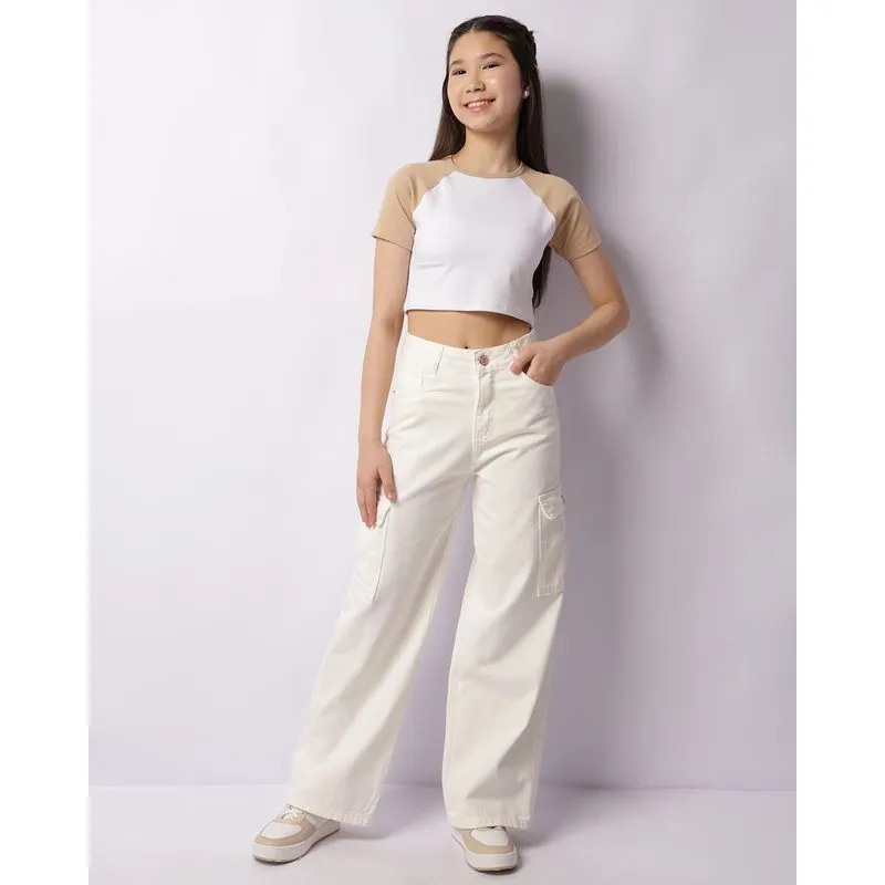 Calça Sarja Juvenil Wide Leg Cargo Off White 14