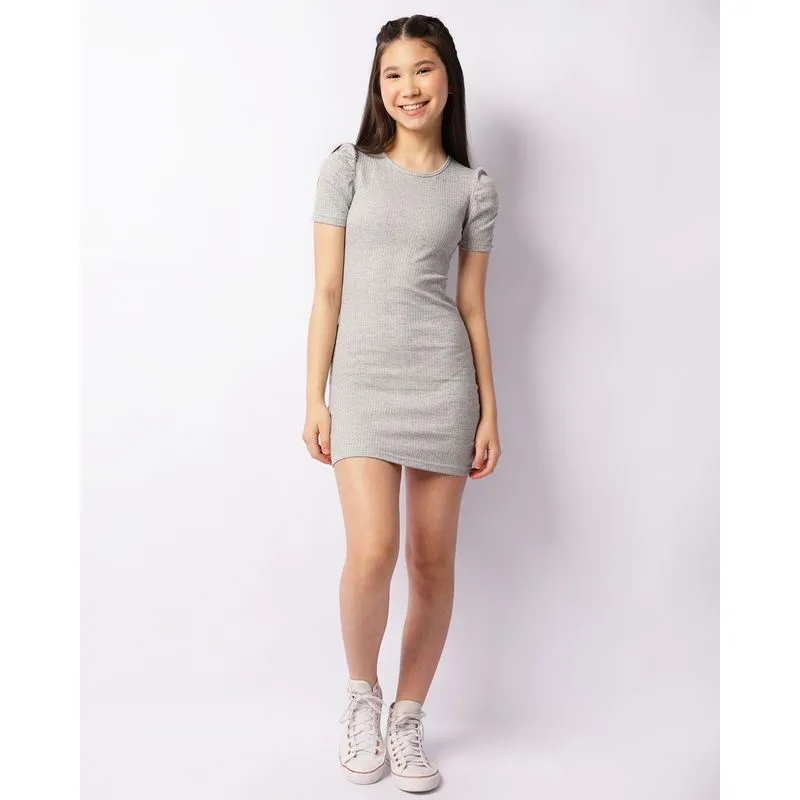 Vestido Juvenil Canelado Curto Manga Bufante Cinza 16