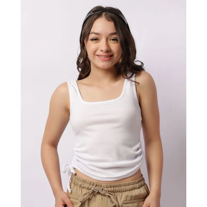Regata Feminina Cropped Canelada Com Colissê Lateral Branca 14