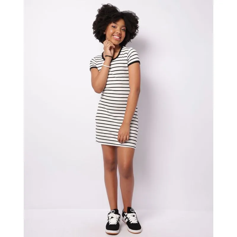 Vestido Juvenil Curto Canelado Listrado Branco 12