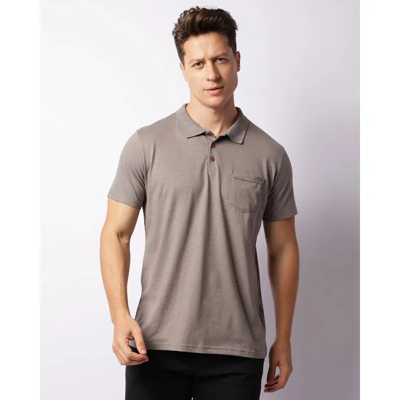 Camisa Polo Masculina Com Bolso Manga Curta Cinza P