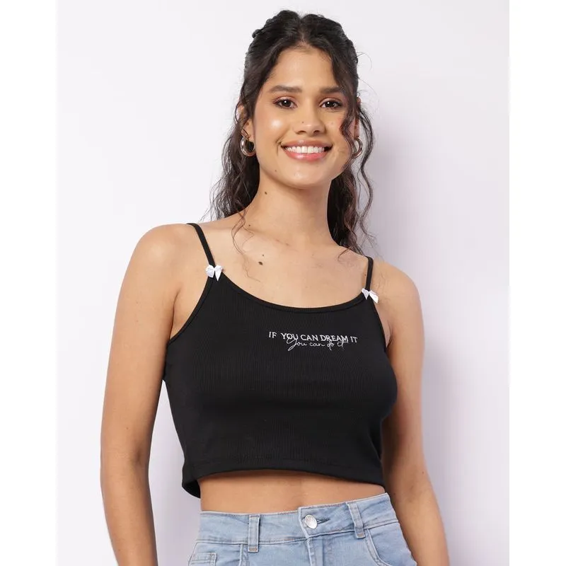 Regata Feminina Cropped Canelada Bordado Frontal Preta PP