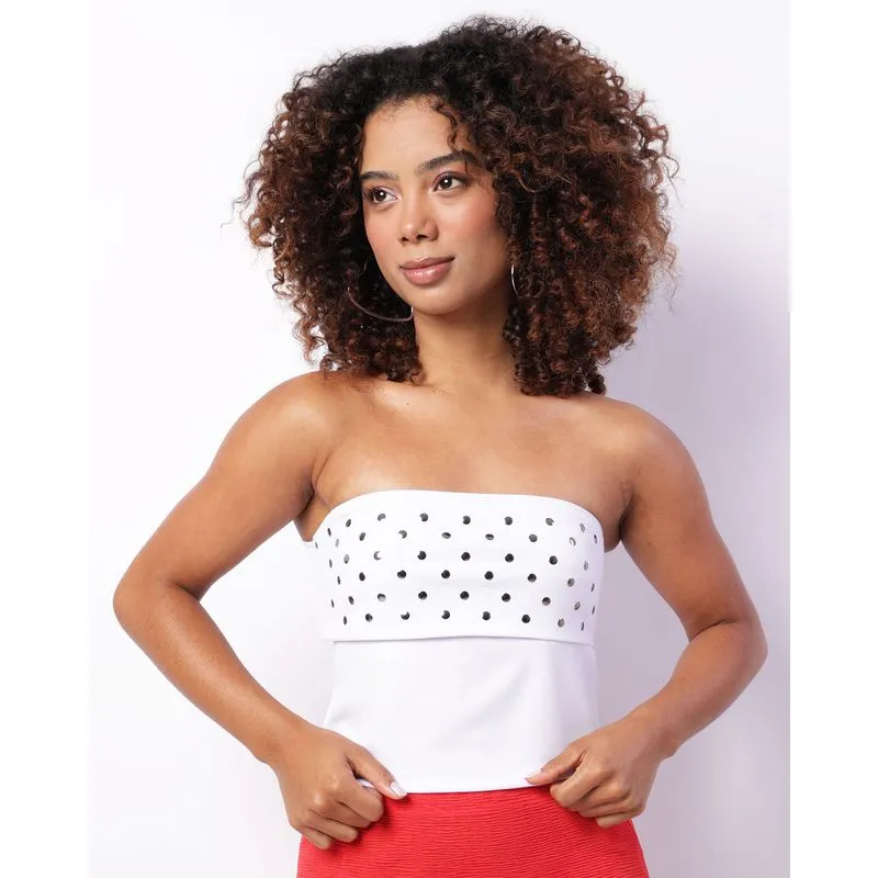 Blusa Feminina Cropped Tomara Que Caia Aplicação Branca G
