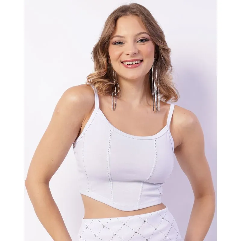 Regata Feminina Cropped Com Strass Branca G