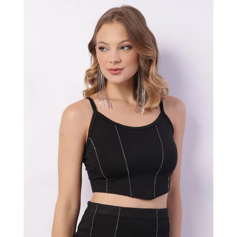 Regata Feminina Cropped Com Strass Preta M