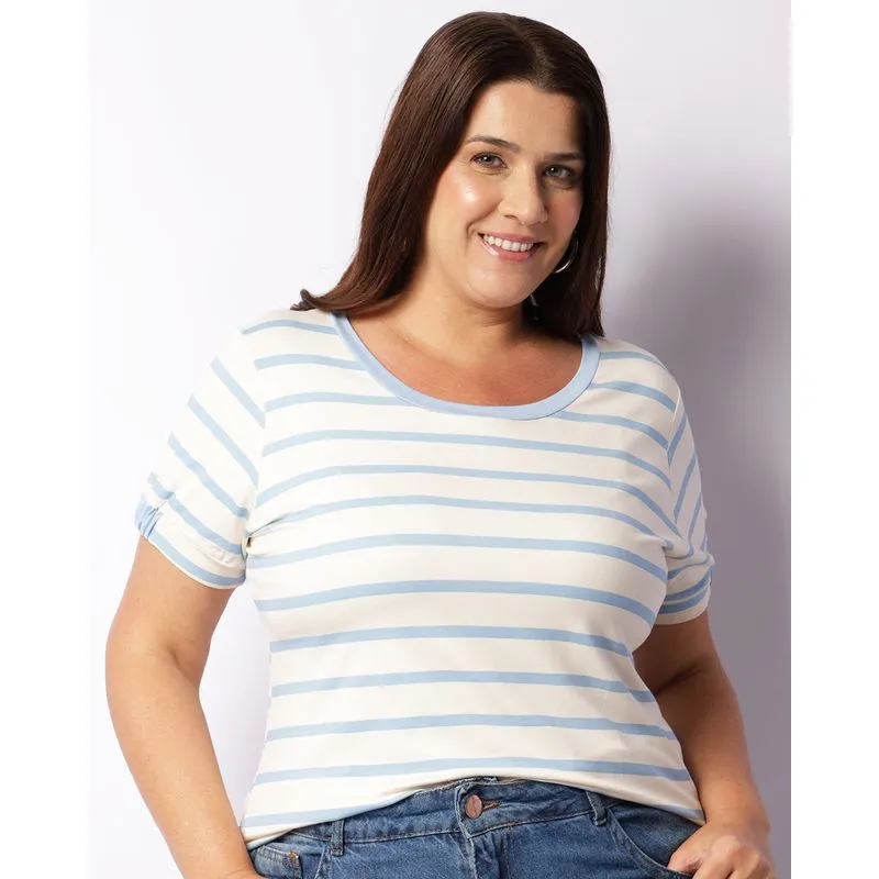 Blusa Plus Size Feminina Manga Curta Listrada Azul G1