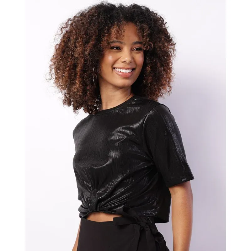 Blusa Feminina Manga Curta Brilho Nó Frontal Preta M