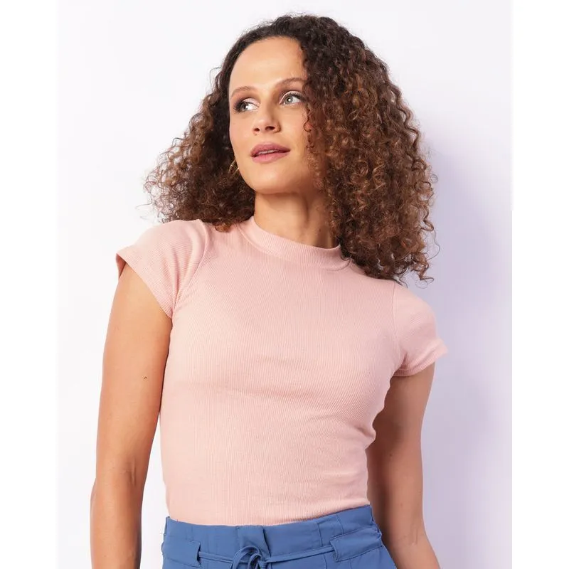 Blusa Feminina Gola Alta Canelada Rosa G