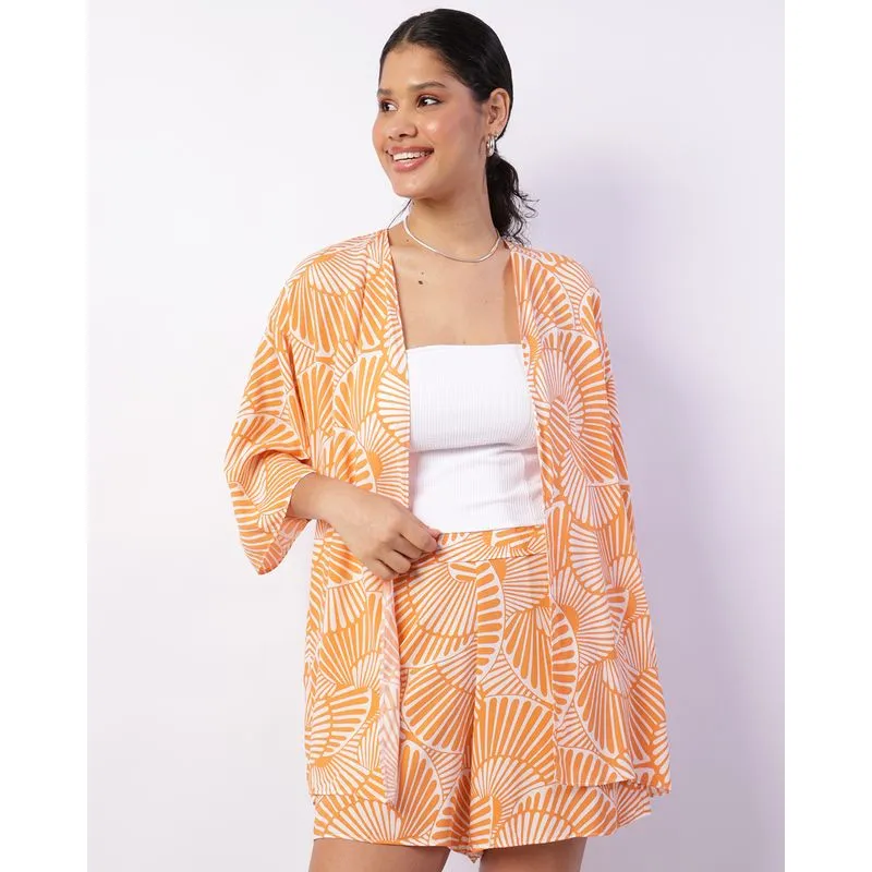 Kimono Feminino Manga Curta Viscose Estampado Laranja G