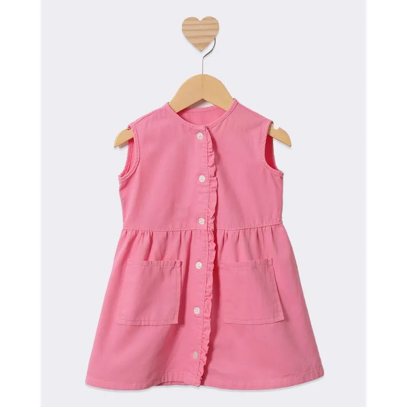 Vestido Bebê Sarja Babado Com Bolsos Rosa 3