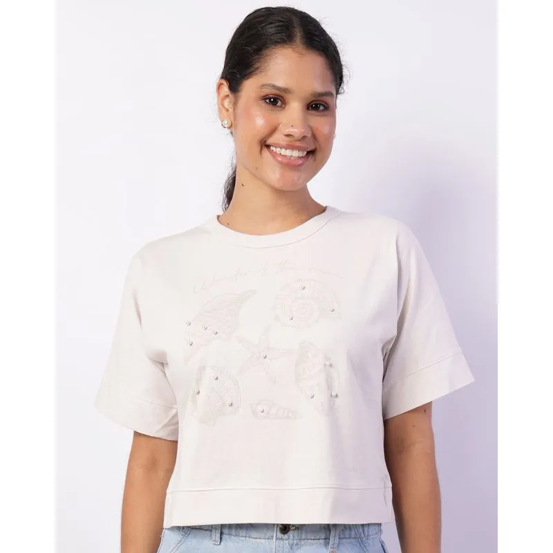 Camiseta Feminina Cropped Aplicação Frontal Bege P
