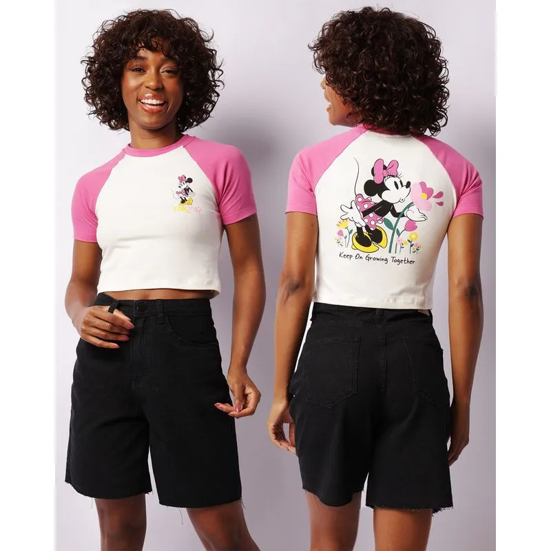 Camiseta Feminina Cropped Disney Minnie Manga Curta Raglan Off White G