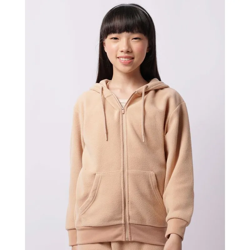 Jaqueta Juvenil Fleece Com Capuz Bolsos Bege 16