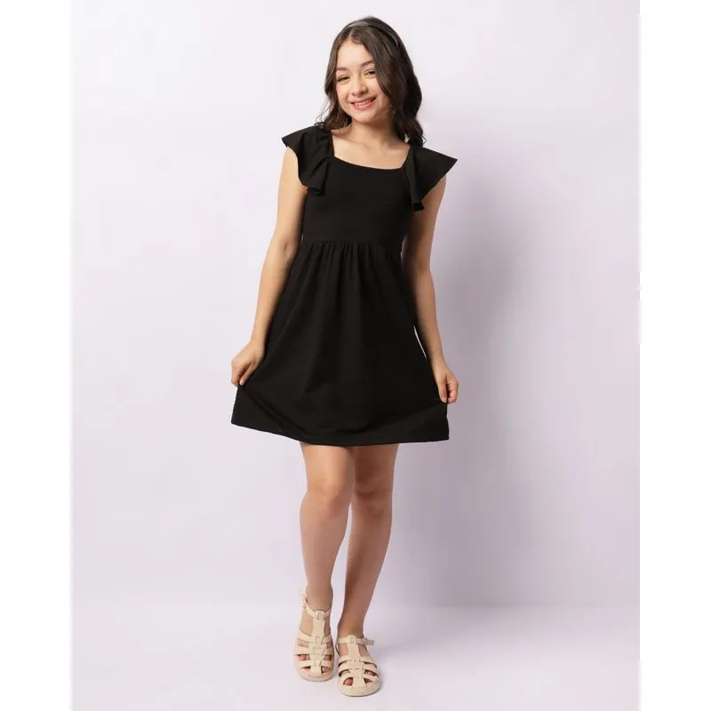 Vestido Juvenil Curto Manga Com Babado Preto 10