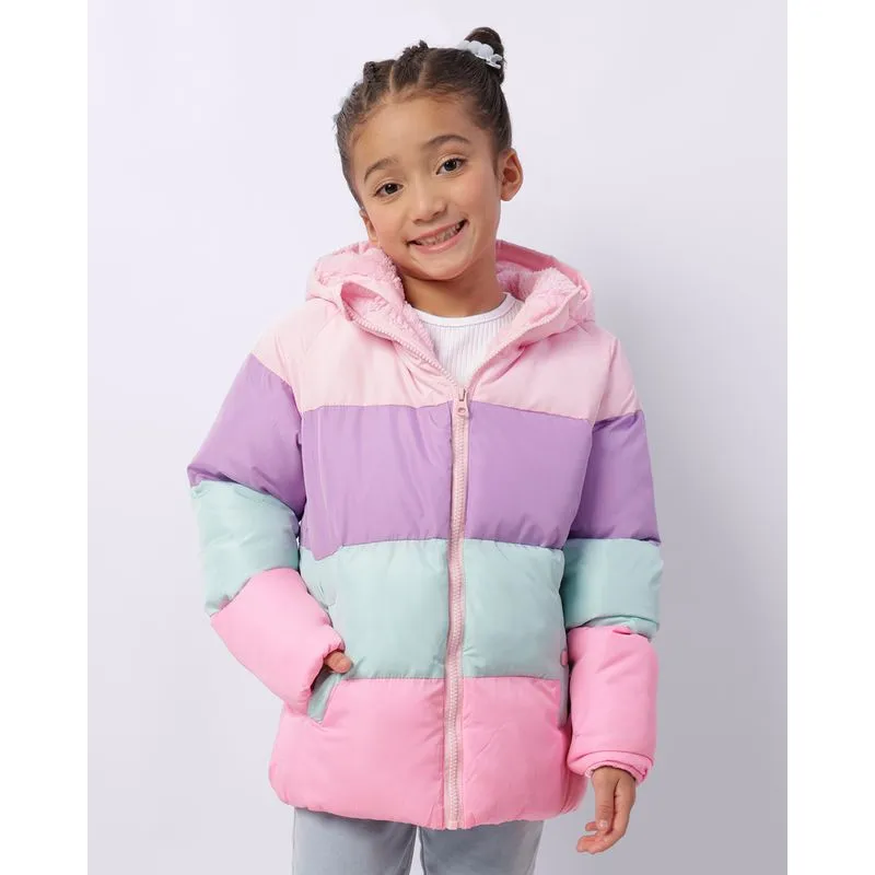 Jaqueta Infantil Puffer Peluciada com Capuz Recortes Rosa 6