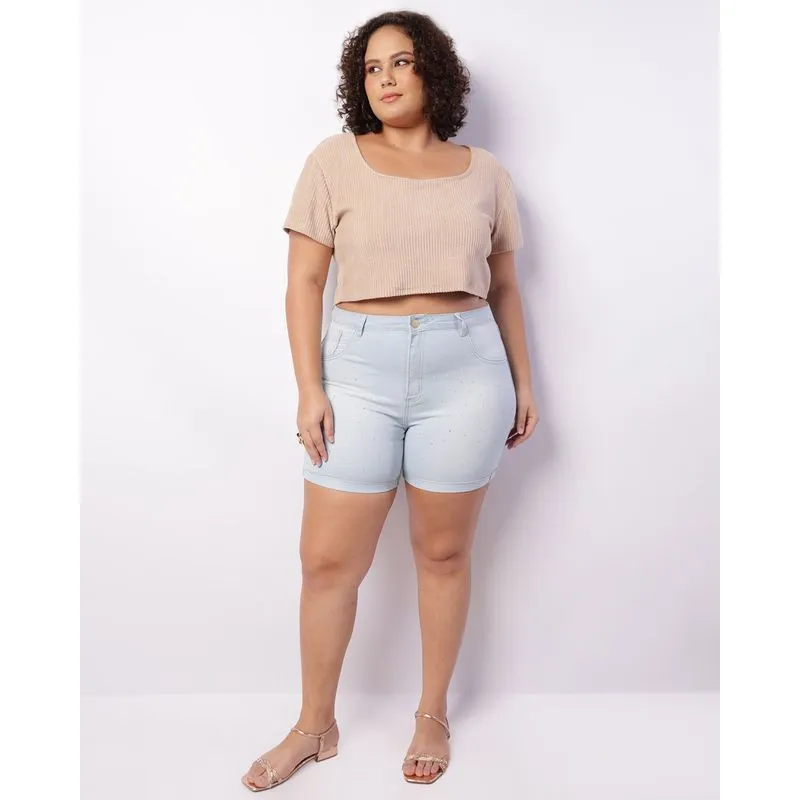 Bermuda Jeans Plus Size Ciclista Strass Barra Dobrada Azul 48