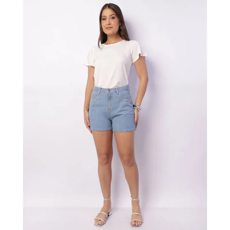 Short Jeans Feminino Com Aplicação Pedraria Azul 42