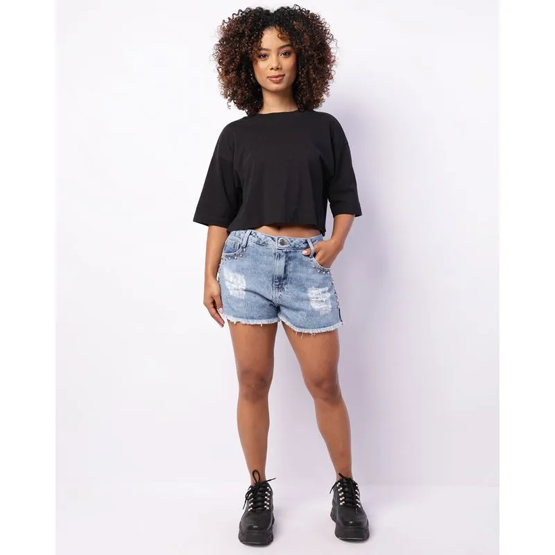 Shorts Jeans Feminino Com Tachas Barra Desfiada Azul 46