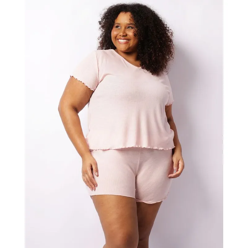 Pijama Plus Size Feminino Canelado Curto Com Frufru Rosa 52