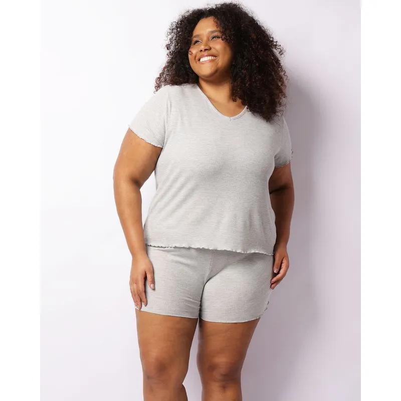 Pijama Plus Size Feminino Canelado Curto Com Frufru Cinza 52