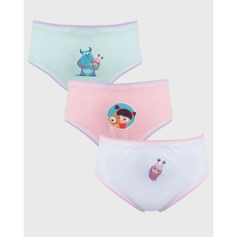 Kit 3 Calcinhas Infantil Disney Monstros S.A Branco Rosa Verde 4